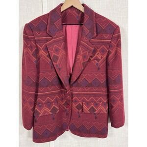 Vintage‎ Ninety Wool Men's Women's Large Jacket Blazer Coat Burgundy Aztec Print